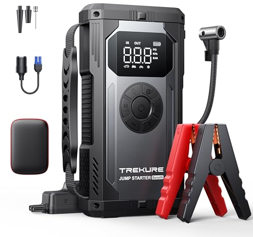 TREKURE Auto Starthilfe Powerbank mit Luftkompressor, 150PSI 5500A Spitzenstrom Starthilfe Powerbank für All Benzin und 10.0L Dieselmotor, Starthilfe mit LED, DC Ausgang und Dual USB