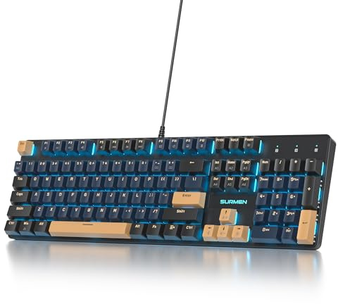 SOLIDEE Clavier de Jeu mécanique Pleine Grandeur,US Layout QWERTY,Filaire USB 104 Touches rétroéclairé RVB avec pavé numérique,Clavier mécanique NKRO pour Windows PC Gamer(104 Blue Samurai)