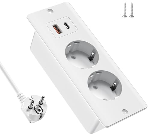 PD20W Tischsteckdose, Einbausteckdose mit 2 USB, Versenkbare Steckdose mit USB C, 2 Fach Einbau Steckdosenleiste mit 1,5M Kable, Tischsteckdose Mehrfachsteckdose für küche, Büro, Weiß
