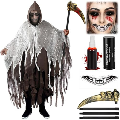 Hpbaggy Déguisement Faucheur Hommes, Faucheuse pour Halloween, Cape à Capuche Déchirée avec Faucille & Autocollants de Tatouage Effrayants pour Carnaval (Brun)