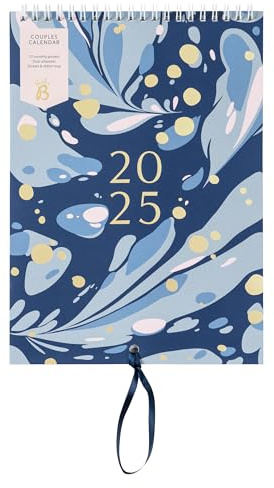 Busy B - Calendrier mural pour couples 2025 - Janvier à Décembre - Marbre Marine - Calendrier mural A5 avec double emploi du temps, planning partagé, pochettes mensuelles et autocollants