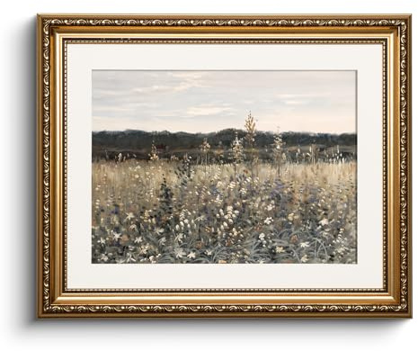 HUARCEY Leinwand Bilder mit Gold Rahmen, Vintage Wandbilder, Klassisch Wand Deko Wohnzimmer Schlafzimmer Badezimmer Küche, Bauernhaus Zimmer Deko, Champ Fleuri Landschaft Painting, 33x40cm, klein