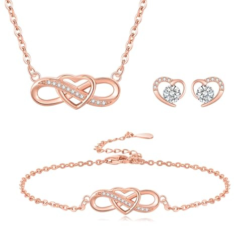 LYL.Adorer Schmuckset Damen,Halskette Armband Ohrringe in Weißgold & Rosegold,Unendlichkeit Herz Geschenk für Frauen