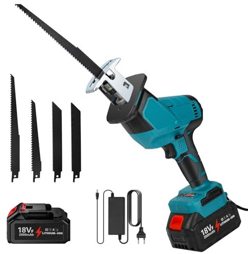 Oamger Scie Sabre Électrique Sans Fil 18V, Scie Égoîne Alternatif 12000spm, 4 Lames Carbure Rectangulaires, Lumière LED, Batterie 18V et Chargeur Inclus, Pour Bois/Métal