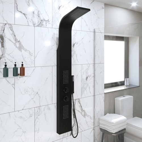 Architeckt® Thermostatic Shower Tower Column Panel, Three Function 3-in1 System with Rainfall Head Handset 2 Body Jets Showers Curved, Matt Black