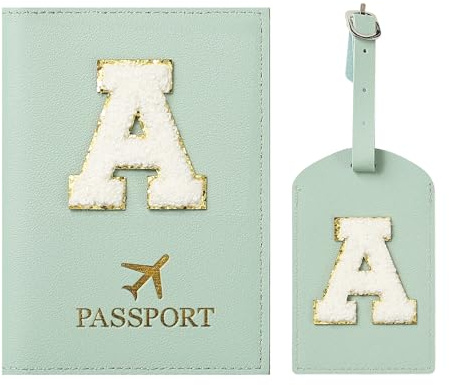 ZVRSUA Reisepasshülle und Kofferanhänger mit Buchstabe A,Passport Hülle, Hülle Reisepass,Ausweismappe, der Pass, Kofferanhänger für Kreuzfahrten und Flugreise,Geschenk für Damen/Teenager/Kind(Grün A)