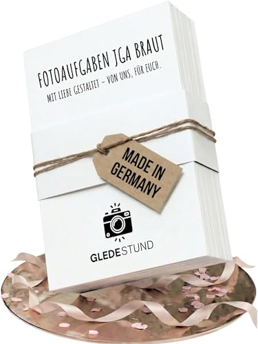 GLEDESTUND® Fotoaufgaben JGA Frauen – 60 Karten mit 50 kreativen Aufgaben + 10 Blanko-Karten, Nachhaltig produziertes JGA Spiel, Modernes Schlichtes Design für Jung & Alt