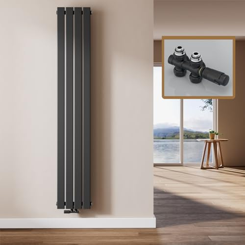 EMKE Design Heizkörper Schmal Hoch, 1800x304 mm Vertikal Flachheizkörper mit Mittelanschluss, Einlagig Schwarz Paneelheizkörper Wandheizkörper für Bad, Schlafzimmer & Wohnzimmer, 559W