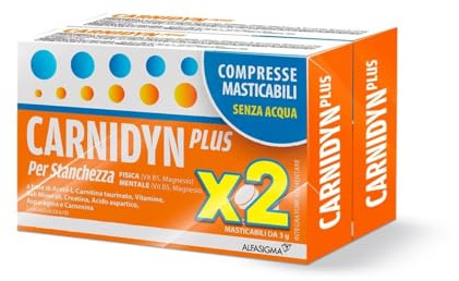 Carnidyn Plus, integratore alimentare supporto per stanchezza fisica e mentale, 2x18 (36) compresse da 3 g masticabili senza acqua, gusto agrumi