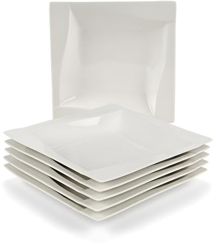 Festa Italia 6-Tlg Suppenteller Tief aus Porzellan - 20,5 cm - Pastateller Set 6 Personen - Weiß Tiefe Teller - 6 Stück Groß Quadrat Teller - Moderne für den Alltag und Besondere Anlässe