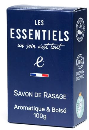 LES ESSENTIELS Bio-Rasierseife - Feste Seife mit reichhaltigem, cremigem Schaum - Für Bart, Beine & Achseln - Vegan, bio-zertifiziert COSMOS Organic, 100% Natürlich, Made in France, 100g
