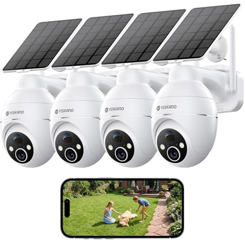 YESKANO Camara Vigilancia WiFi Exterior Solar 2K, Pack de 4 | Panel Solar con Batería, 360° PTZ, Visión Nocturna Color, PIR, sin Suscripción (Blanco)