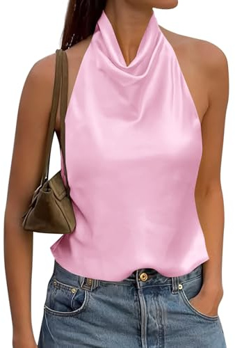Cicy Bell Women Summer Satin Halter Tank Tops Y2k Going Out High Mock Neck Backless Cami Shirts Cute Party Camisole Tops Pink