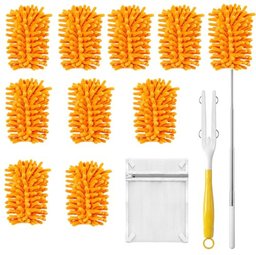 10 Stück Waschbare Staubwedel Nachfüllpack, Staubwedel Waschbar | Duster 360° Wiederverwendbar mit Starker Adsorption Kompatibel mit Swiffer Duster, Inklusive Teleskopstange und Wäschesäcken
