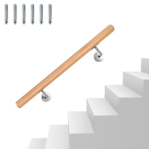 Peviasot Pasamanos de madera de haya, 80 cm, barandilla para escaleras, pasamanos de pared con soporte de pared y tapas finales, redondo de 42 mm de diámetro, pasamanos de madera antideslizante para