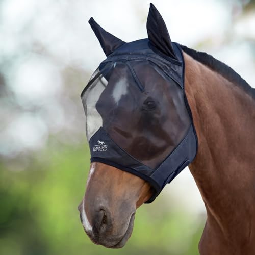 Harrison Howard CareMaster Masque Anti-Mouches en Polaire pour Cheval Protection UV avec Protection des Oreilles Noir Poney (S)