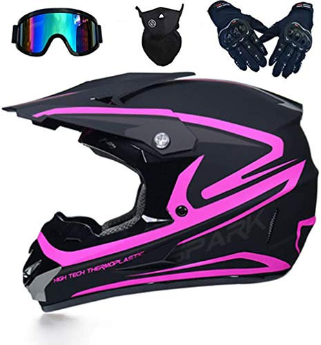 Casco di Motocross - Adulti Casco da Motociclista Set con Occhiali/Maschera/Guanti, Casco da Cross Motorcycle Sports DH Off-Road Enduro ATV MTB Quad Caschi Moto per Uomini Donne, Nero + Rosa,L