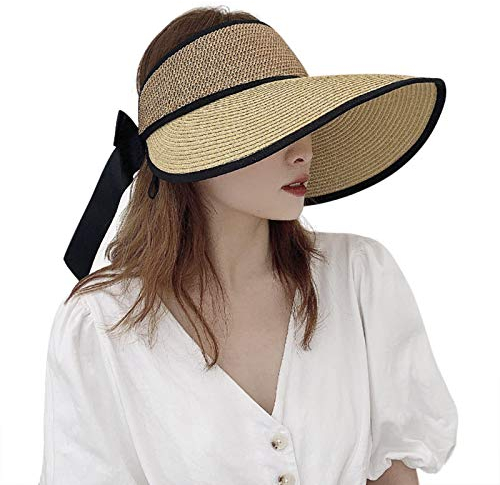JIAHG Sonnenhut Damen UPF 50+ Sonnenschutz Sommerhut Breite Krempe Stroh Roll Up Strohhut Strandhut Outdoor Gartenhut Faltbar Visor Cap Sun Visor für Frauen