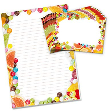 Briefblock mit Umschlag Süßigkeiten Bonbons für Kinder Briefpapier-Set (Block A4 mit 25 Blätter + 15 Umschläge)