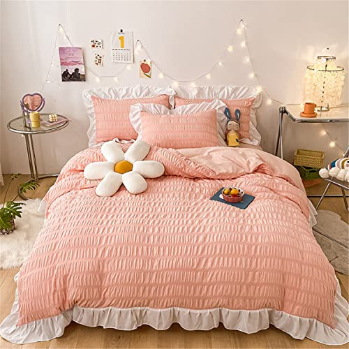 Biancheria da letto da bambina rosa con volant - 3 pezzi Queen Seersucker stile a righe testurizzato, morbido leggero, in microfibra lavata, chiusura con cerniera e cravatte