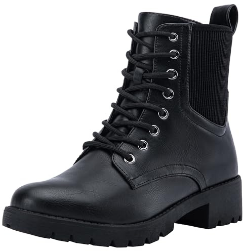 Vepose Women's Black Ankle Boots, Combat Lace up Booties, 916 Size 8 US - with Inner Zipper and Elastic Band (CJY916 Black 08)