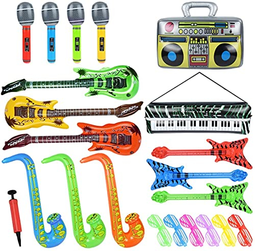 LATERN 22 Pezzi Strumenti Musicali Gonfiabili, Giocattolo Gonfiabile Rock Star Chitarre Sassofoni Microfoni Radio Tastiera Bassi E Occhiali Per Bomboniere Photo Booth Puntelli - Con Pompa Ad Aria