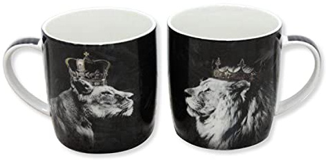 lesser and pavey Ceramic Mug | Royal Lion & Lioness Design | Set of 2 | Black & White | 11 Fluid Ounces