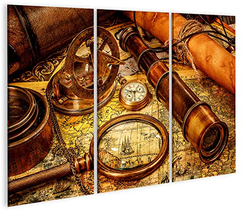 islandburner Bild auf Leinwand Vintage Lupe Kompass Fernrohr Und Eine Taschenuhr Die Auf Einer Alten Karte Wandbild Poster Kunstdruck Bilder