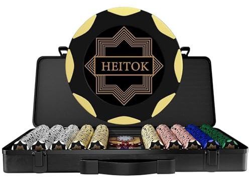 HEITOK Set Fiches Poker 500 Pezzi 14g Clay Composite Pesanti, Valigetta in Policarbonato Tedesco e Interno in Pelle, Bottone Dealer in Metallo, Fiche non Numerate per Texas Holdem Blackjack