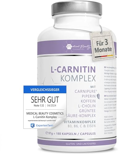 180 L-Carnitin Kapseln hochdosiert - mit Carnipure® aus der Schweiz, Grüntee, Koffein und Piperin – Stoffwechsel-Rezeptur aus veganem L Carnitin Tartrat mit Cholin, Vitamin B3, B6 aus Deutschland