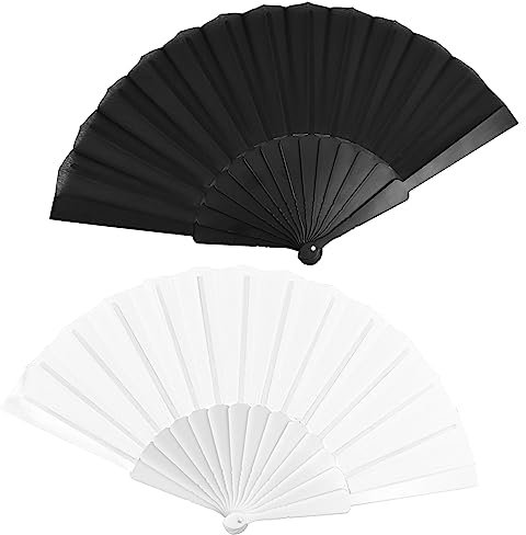 2Pcs Hand Fan Folding Fabric Hand Fan Chinese Spanish Foldable Hand Fan Handheld Folding Kung Fu Tai Chi for Women Line Dance Cosplay Props Wedding Summer Festival Party Decorations Gifts White Black