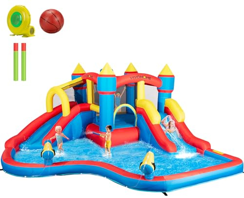 VIVOHOME 6 in 1 Bounce House for Kids, Big Swimming Pool Bouncy Castle with Slide, 15x14 FT Inflated Bouncer for Outdoor with Blower, Basketball, Climb, Srinkler, Water Pool, Water Gun