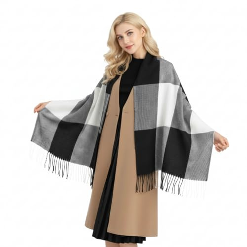 Good Nite halsduk kvinnor vinter gröna halsdukar sjalar halsdukar halsdukar halsdukar damer julklappar lång mjuk varm tartan halsduk ull snurrande tofs lång stola för kvinnor, Svart, 200 * 60cm