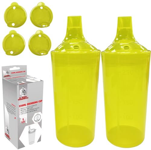 DR. BONE'S THERAPEUTICS ® Set of 2: Yellow, Wide Spout, Feeding Beakers. 250ml with Graduated Measurements and Adjustable Flow Lid - Autoclavable, Microwave Safe Spill-Proof & Leak Prevention