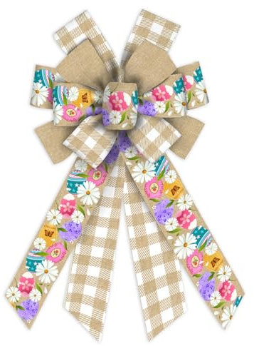 Große Osterkranz-Schleifen, Oster-Leinen-Schleifen, Osterei, Blume, braun-weiß, kariert, Stoffschleifen für Kranz, Osterdekoration, Schleifen für Ostern, Frühling, Party, Innen- und Außenbereich,