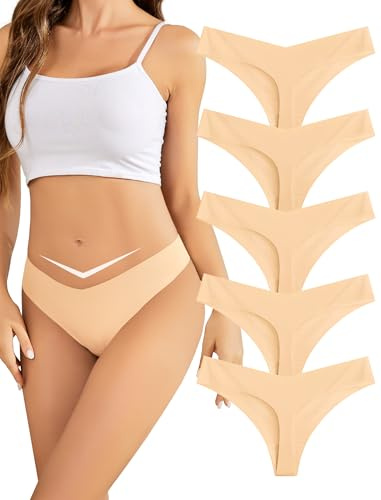 VOENXE Seamless Women Underwear Thongs,No Show Knickers for Ladies,V Waist Low Rise Pants,No VPL Comfortable Soft Panty,Multipack Invisible Sport Panties,Female T Back Gym Exercise Tanga Undies,5-Pack