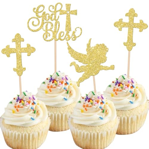 Rsstarxi 24 Pack God Bless and Cross Cupcake Toppers Angel Christening Cupcake Picks Babyshower Boy Baptism Cake Decorations for First Communion Baptism Party Decorations Gold