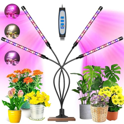 Garpsen Pflanzenlampe, Vollspektrum mit Clip, 4 Leuchtenköpfe | 6000K Pflanzenleuchte, Zeitschaltuhr 6/12/16 Stunden, 3 Lichtspektren, 5 Dimmstufen, flexibler Schwanenhals