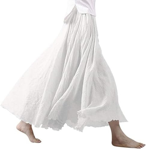 Gonna da donna in lino, maxi gonna in cotone e lino, gonna boho, estiva, tinta unita, per il tempo libero, gonna a pieghe da donna, bianco, Einheitsgröße