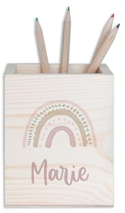 hellomini Stiftehalter, Personalisiert & aus Holz, Stifteköcher Schreibtisch, Einschulung, Einschulungsgeschenk für Kinder, Geschenk zur Einschulung, Schulanfang (Regenbogen rosa)
