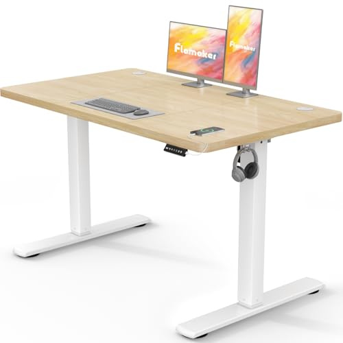 Flamaker Electric Standing Desk 120x60cm Height Adjustable 73-118cm, 6-Button Memory Control & LED Display Heavy-Duty Steel Frame 50kg Weight Capacity Anti-Collision Hook & Cable Port,Beige