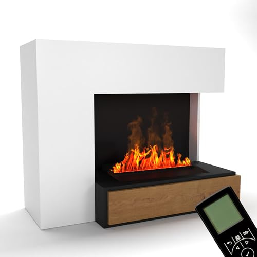 GLOW FIRE Camino a vapore PLANCK destra - Caminetto elettrico con fiamme 3D LED realistiche, effetto crepitio, telecomando, 111x90 cm - Opti-Myst 500, Bianco