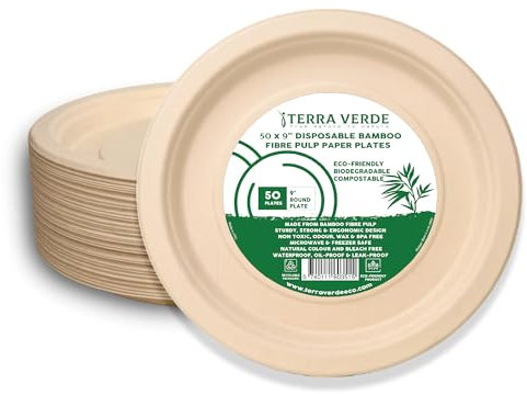 Terra Verde 50-Pack Disposable Bamboo Fibre Paper Plates – 9 Inch (23cm) Round, Unbleached Natural Brown – Eco-Friendly, Compostable & Extra Strong – Ideal for BBQs, Parties, Events & Picnics