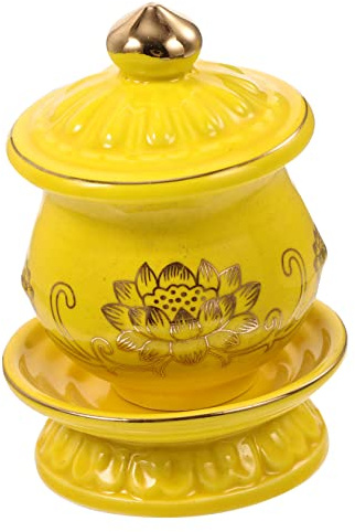 SHOWERORO Tazza e Decorazione Raffinata a Forma di Fiore di Loto in Porcellana Gialla per Offerte d Acqua per Casa e Meditazione
