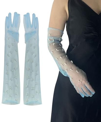 changyexi Lange Handschuhe aus durchscheinender Spitze mit Perlen, für Damen, formell, Tüll, Ellenbogenlänge, Kostüm, Abendkleid-Accessoire, Blau, Einheitsgröße