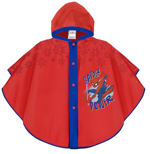 PERLETTI Poncho Impermeable Niños 3 4 5 6 Años Spiderman - Chubasquero Niño Marvel Spider Man - Chaquetón de Lluvia Hombre Araña con Capucha Botones (FR/ES, Edad, 3 años, Regular, Rojo y Azul)