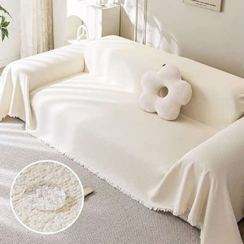 JIcloun Beige Sofa Decke überwurf Wasserdicht, 1 2 3 4 Sitzer L Form Couch überwurfdecken für Sofa Kuscheldecke Katze Kratzschutz Tagesdecke mit Fransen