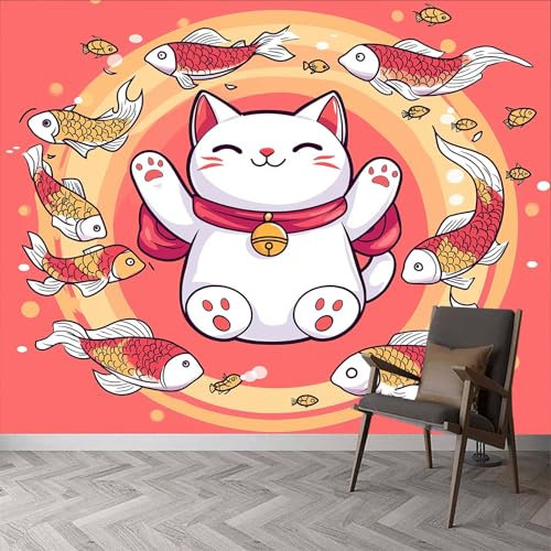 Wall Mural Cartoon Animal Cat Fish Print Photo Wallpaper, Cartoon Cats Non-Woven Wall Mural - Modern Design Decoration Picture Poster 400W x 280H cm Wallpaper for Living Room Kids Bedroom