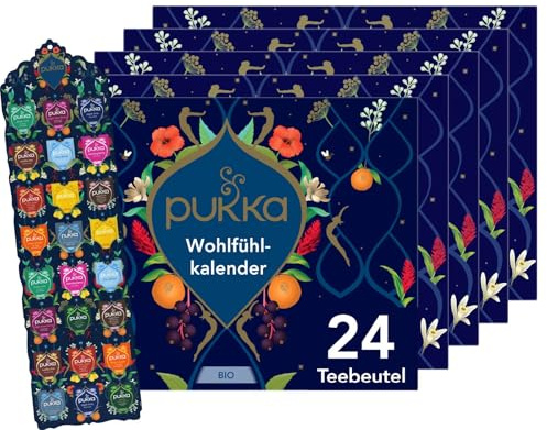 Pukka Bio Tee Geschenkset, Adventskalender, Wohlfühlkalender 2025, Umweltfreundlich, Keine Schokolade, Milchfrei, Geschenkidee, 12 Tee Varianten, 5 x 24 Teebeutel