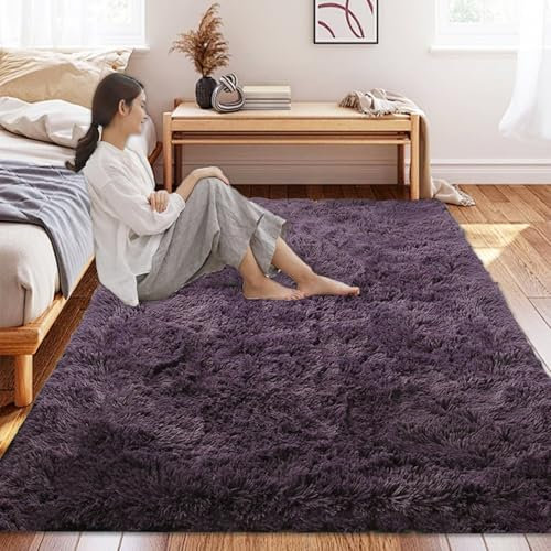 CUIMEI Teppich Wohnzimmer 195 x 220 cm, Anti-Rutsch Unterseite, Waschbar Bis 30 Grad, Super Soft, Felloptik, Einfache Reinigung, Wohnzimmer, Kinder Teppich, grau lila